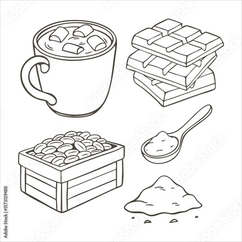 A collection of hand-drawn cacao and chocolate-themed illustrations. Outline elements, ideal for food illustrations, packaging design, or educational materials.