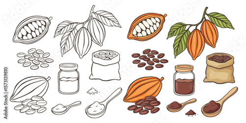A collection of hand-drawn cacao and chocolate-themed illustrations. Colorful and outline elements, ideal for food illustrations, packaging design, or educational materials.
