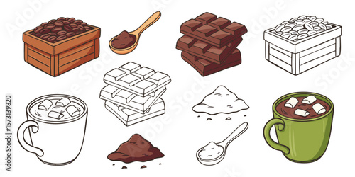 A collection of hand-drawn cacao and chocolate-themed illustrations. Colorful and outline elements, ideal for food illustrations, packaging design, or educational materials.