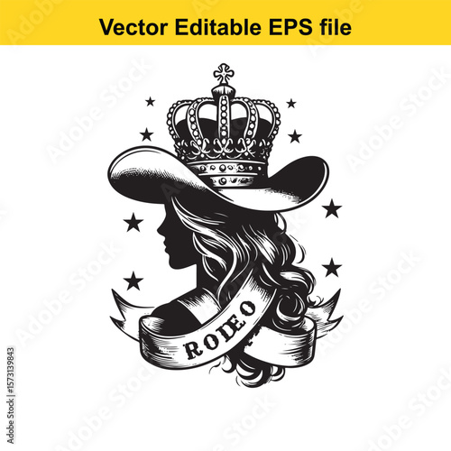 Vintage Rodeo Queen Silhouette with Crown and Cowboy Hat Decorative Western Themed Design for Apparel and Decor