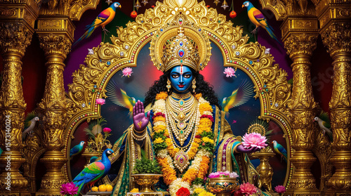 Wallpaper Mural A richly detailed devotional artwork of Shrinathji, a form of Lord Krishna, depicted with a dark blue face and adorned in regal traditional attire.  Torontodigital.ca