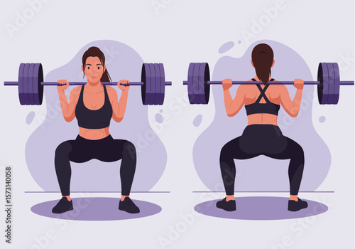 An illustration of a fit woman performing barbell squats, shown from both front and back views, emphasizing strength training and fitness.