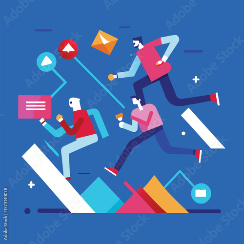 Vector illustration of team of individuals racing forward with digital communication and data transfer elements.