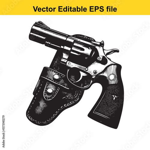 Detailed Black and White Illustration of a Revolver in a Holster Artistic Firearms Depiction