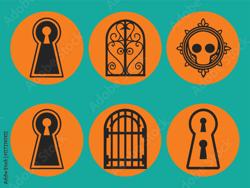 Whimsical Vector Illustration of Keyholes, Gates and Skull Icons in Orange Circles