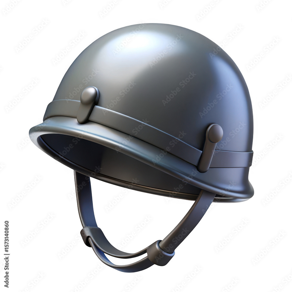 Fototapeta premium Silver metal military helmet with chin strap isolated on transparent background