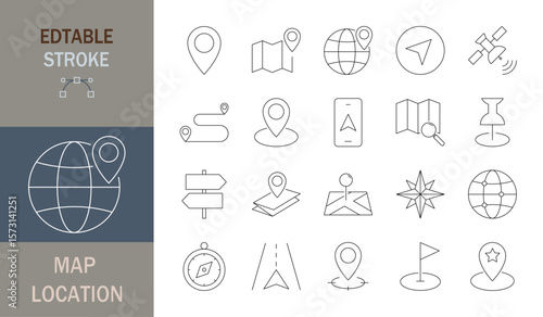 Map Location icon set. Editable line icons. Vector illustration.