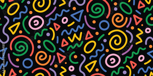 Memphis style seamless pattern. Abstract retro 80s 90s geometric shapes and lines vector background. Bold colorful pop art print for fashion, fabric, wallpaper, and branding design projects.