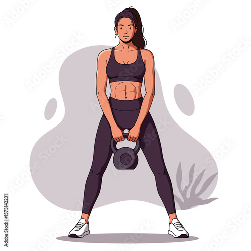 A fit, determined woman with visible abdominal muscles is actively engaged in a kettlebell training session, depicted in a modern, clean vector illustration.