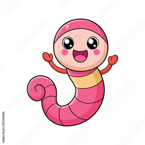 kawaii cartoon worm with rosy cheeks and waving hand