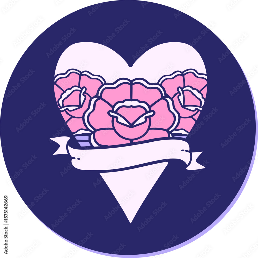 sticker of tattoo in traditional style of a heart and banner with flowers in bright neon color sticker of tattoo in traditional style of a heart and banner with flowers in bright neon color