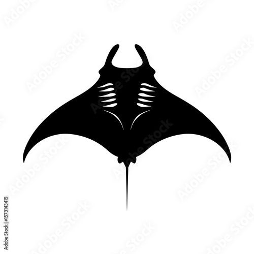 Isolated graphic silhouette of a manta ray with its distinctive shape and extended pectoral fins seen