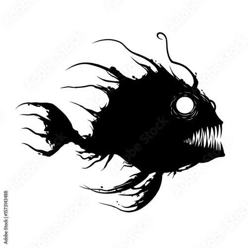 Stylized illustration of an anglerfish with sharp teeth and glowing eyes swimming to the left side
