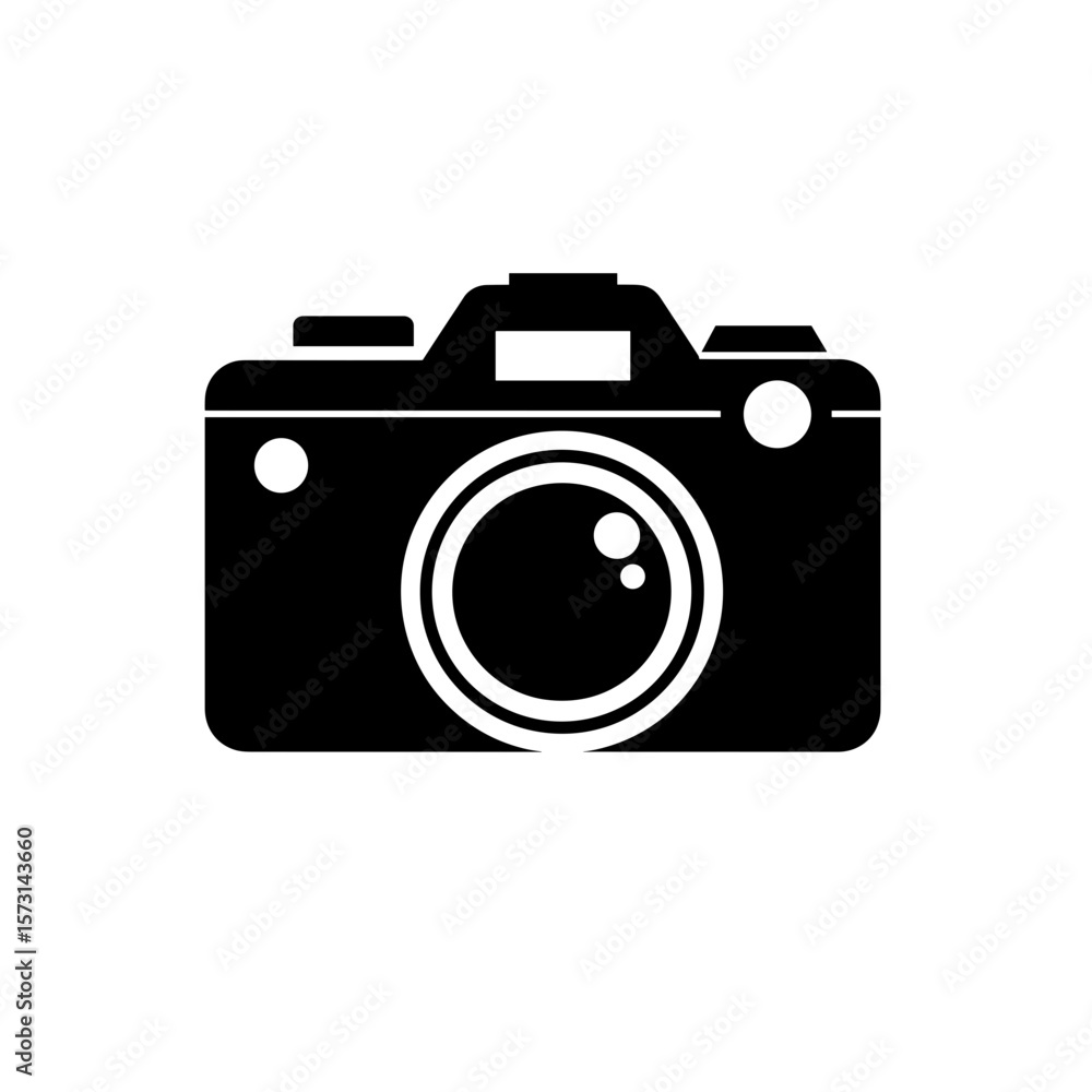 Illustration of a photographic camera with lens and viewfinder in a solid fill style graphic representation Illustration of a photographic camera with lens and viewfinder in a solid fill style graphic representation