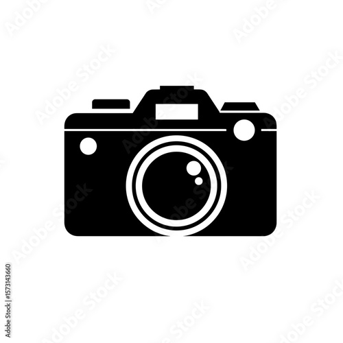 Illustration of a photographic camera with lens and viewfinder in a solid fill style graphic representation