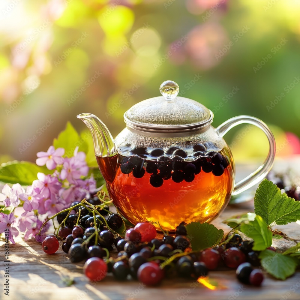Berry Infusion Tea: A glass teapot is filled with berry-infused tea. Fresh berries and beautiful flowers and greenery. Berry Infusion Tea: A glass teapot is filled with berry-infused tea. Fresh berries and beautiful flowers and greenery.