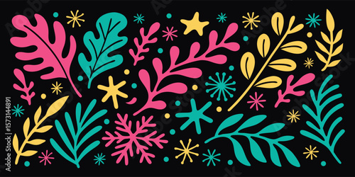 Hand drawn colorful abstract vector illustration. Matisse style leaves, flowers, and geometric shapes on black background. Modern folk art print design for textile, wallpaper, and decor projects.