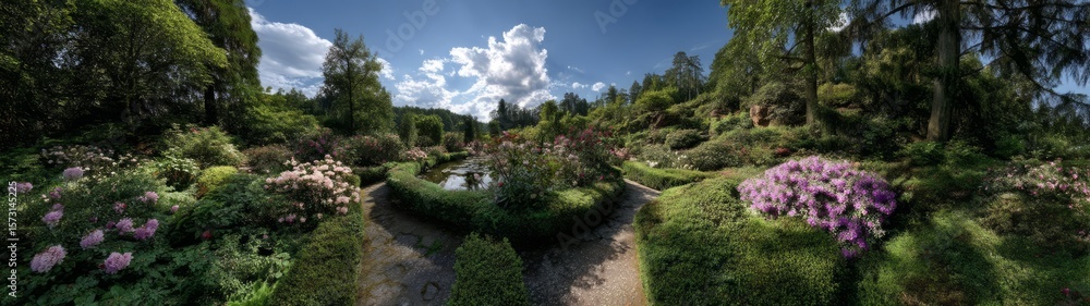 Fototapeta premium Lush garden panorama tranquil setting hdr 360 degrees hdri view