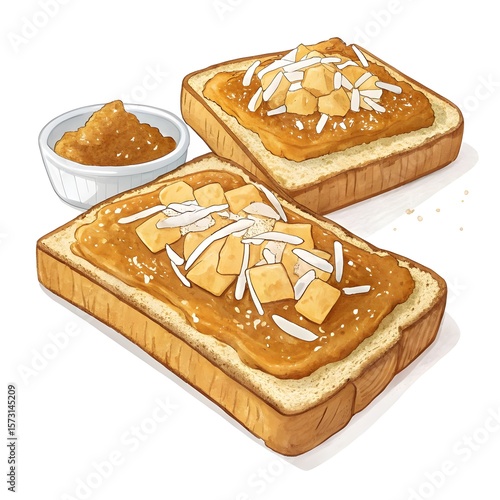 Two slices of toast with peanut butter and toppings isolated on white background isolated on transparent background