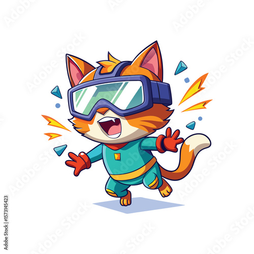 Dramatic cat wearing virtual reality VR goggles funny surprised reaction digital headset futuristic technology illustration on clean white background vector art