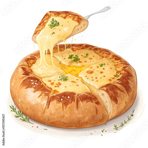 Delicious cheesy bread with melted cheese being pulled out on a serving spatula isolated on white background isolated on transparent background