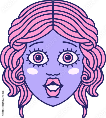 iconic tattoo style image of female face in bright neon color