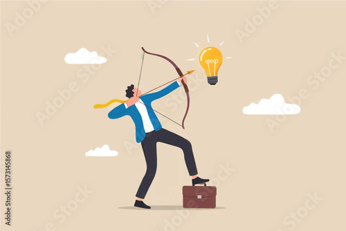 Businessman aiming a bow and arrow at a glowing light bulb representing a new idea or business goal isolated on transparent background
