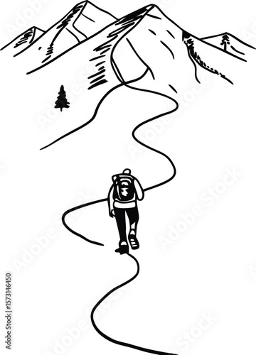 black and white hiker climbing mountain path clip art preview