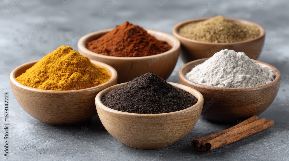 Wooden bowls filled with spices showcase vibrant colors and textures perfect for enhancing flavors in cooking and traditional remedies. Wooden bowls filled with spices showcase vibrant colors and textures perfect for enhancing flavors in cooking and traditional remedies.