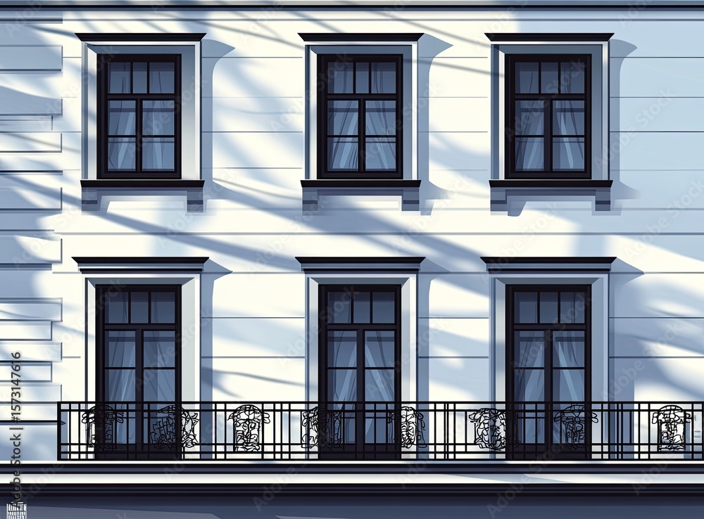 Obraz premium White building facade with dark windows and shadows