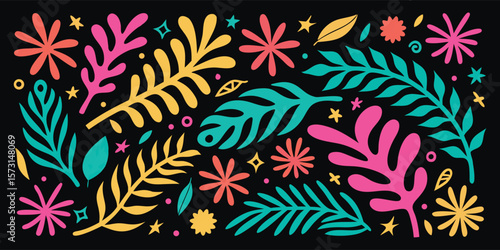 Hand drawn abstract botanical vector illustration set. Matisse style cut out leaves and flowers on black background. Modern folk art poster design for print, fabric, textile, and wallpaper.