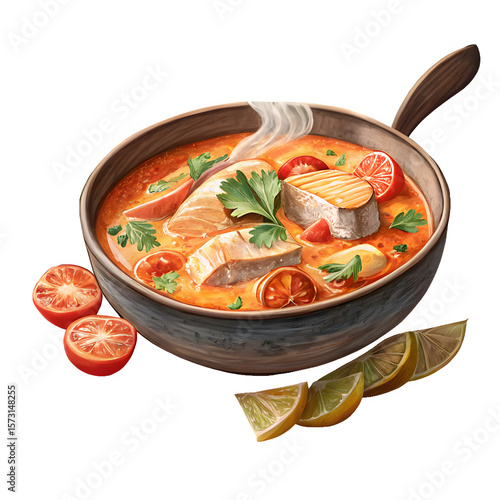 Delicious fish soup with tomatoes and lemon slices isolated on transparent background isolated on white background