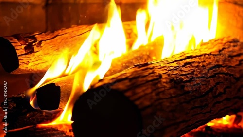 Crackling firewood with bright orange and yellow flames creates a warm, cozy ambiance. The texture of the logs is detailed, enhancing the inviting scene.