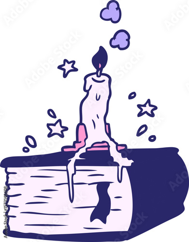 cartoon spooky spellbook with dribbling candle in bright neon color