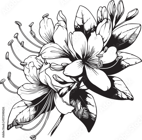 Honeysuckle flower line art, flower coloring pages for adult, pretty flower coloring pages, hand-drawn Honeysuckle flower, botanical Hollyhock black and white illustration, linework lite blue Honeysuc