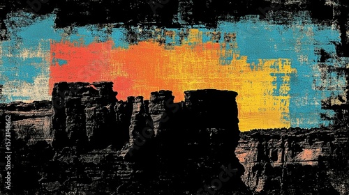 Abstract landscape painting, featuring a silhouette of ancient stone structures against a backdrop of vibrant, textured brushstrokes