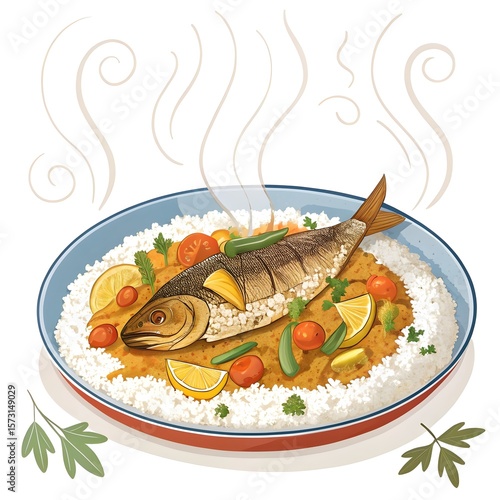 Delicious whole baked fish served on a bed of fluffy white rice with colorful vegetables and lemon slices isolated on white background isolated on transparent background