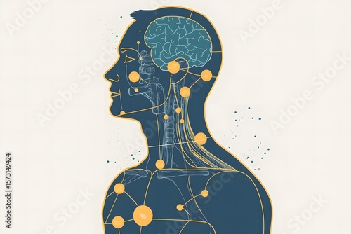 Profile illustration of human anatomy with brain, nervous system, and interconnected nodes, showcasing the complexity of the human body and its functions in a visually engaging manner
