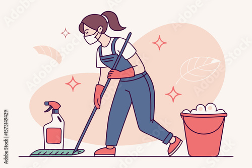 Female cleaner mopping floor with spray bottle and soap bucket in uniform