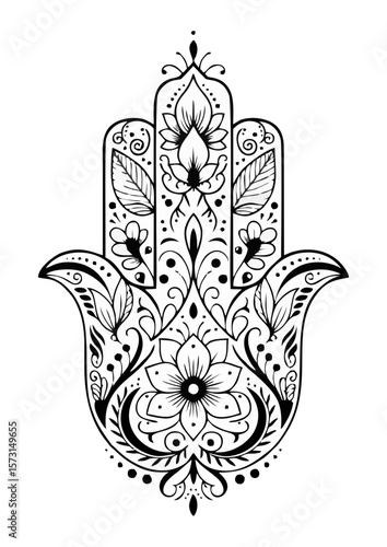 Wallpaper Mural Detailed black and white illustration of a hamsa hand surrounded by floral elements and intricate patterns Torontodigital.ca