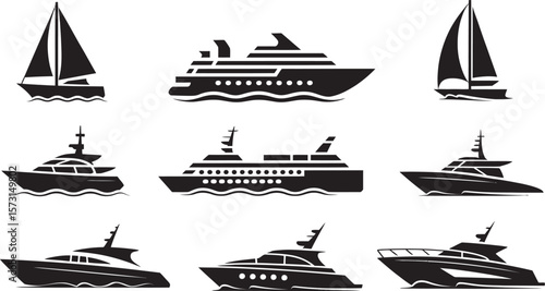 Yacht and Cruise Ship Silhouette Icon Set – Black Vector Boats, Sailboats, and Luxury Vessels for Marine and Travel Design