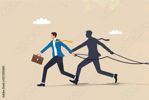 Businessman running forward holding a briefcase while his shadow is tied by a rope symbolizing challenges or past burdens isolated on transparent background