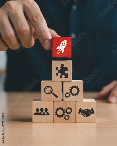 A businessman builds a strategy for a successful business and launching a startup. Investment funding, growth strategies, business development, and competitive advantage concepts.