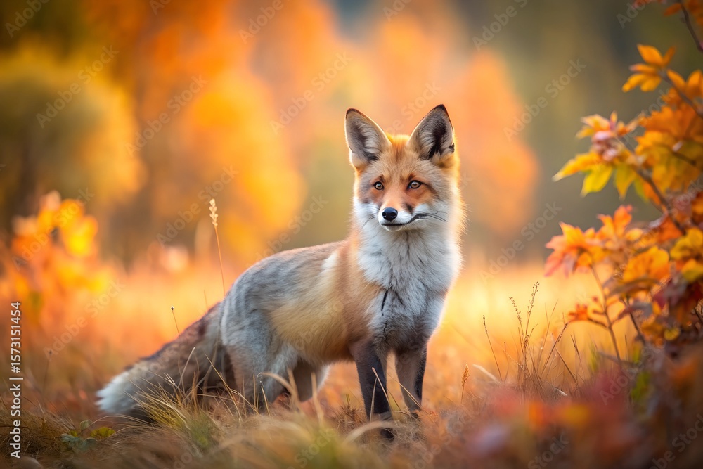 Fototapeta premium Luxurious red fox with lush fur stands among dry grass, illuminated by warm autumn sun rays, against a blurred background of orange and yellow trees, creating a captivating autumn landscape