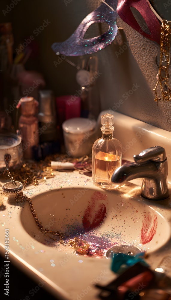 Fototapeta premium A messy bathroom scene with glitter, lipstick, and perfume