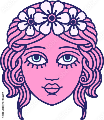 tattoo in traditional style of female face with crown of flowers in bright neon color