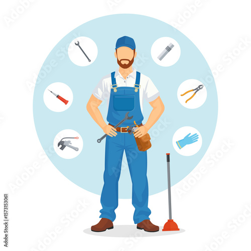 White Plumber Standing with Plumbing Tools on White Background – Vector Illustration Featuring Pipe Coupling, Wrench, Rubber Glove, Plunger, Screwdriver, Pliers, Pipe Fitting – Labor Day Concept