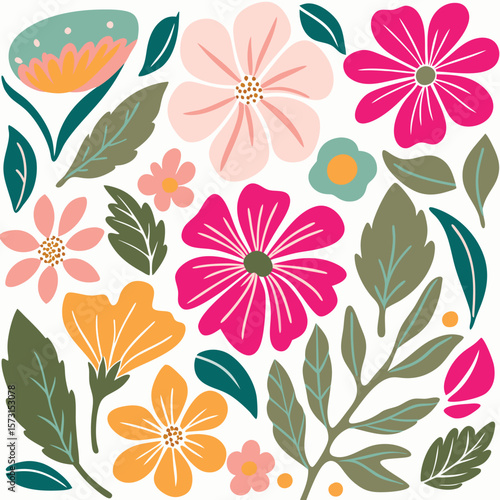 Retro style floral pattern with daisy and flower shapes in pink blue green and yellow isolated on white background.