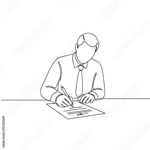 Businessman signing documents at desk in minimalist style  