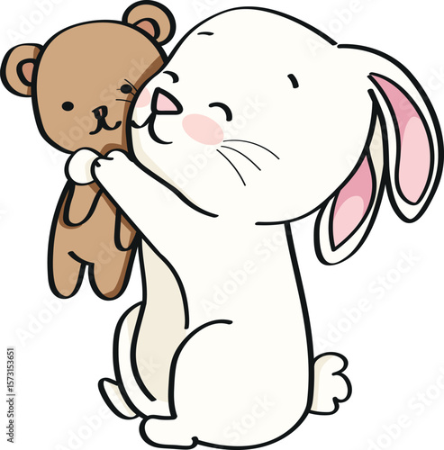 bunny hugging a cute toy teddy bear